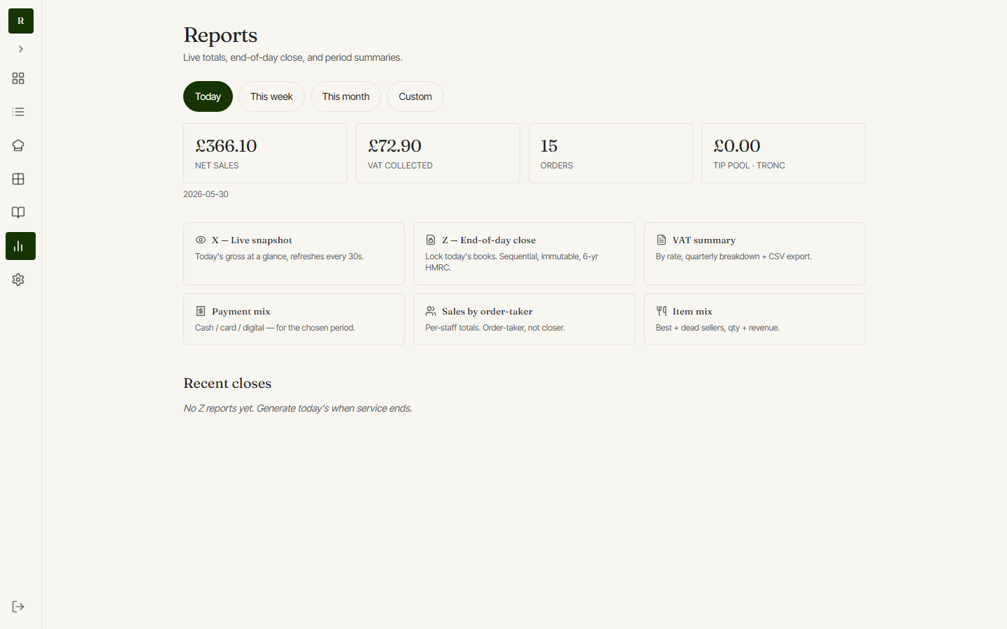 PosGPT reports showing daily revenue and payment mix