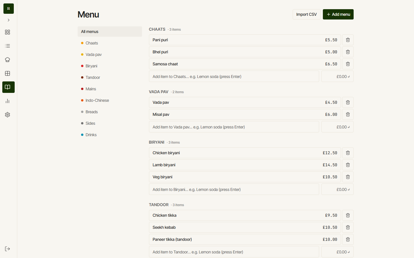 PosGPT menu management with categories, items and allergens