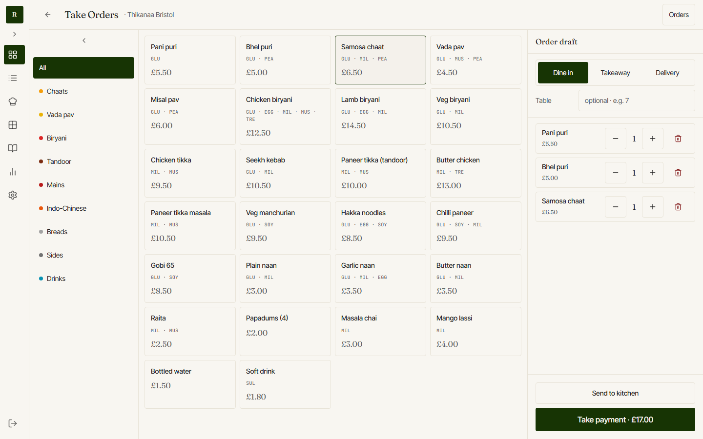 PosGPT take-orders screen showing categories, item grid and cart